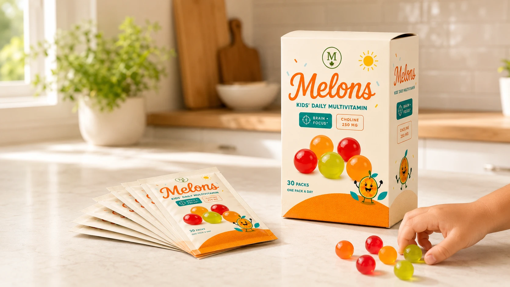 Melons snack packs and gummies on a warm kitchen counter