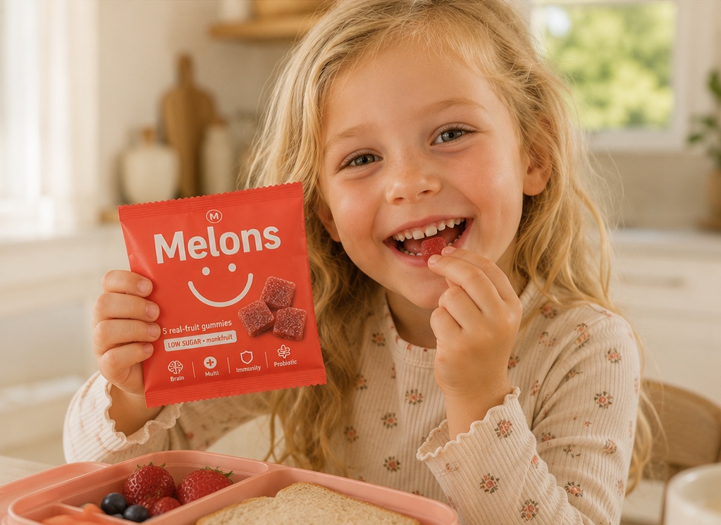 A happy child holding a Melons pack and eating a gummy